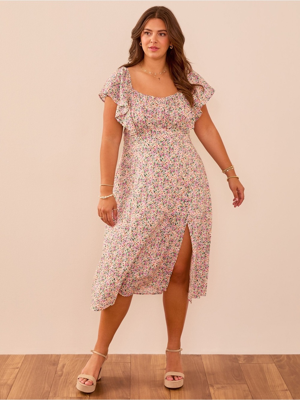 Arula Sarah Floral Smocked Tie Back Floral Midi Dress Cottagecore